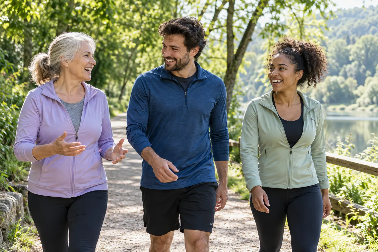 Des amis lors d’une marche active · Images illustratives générées par IA